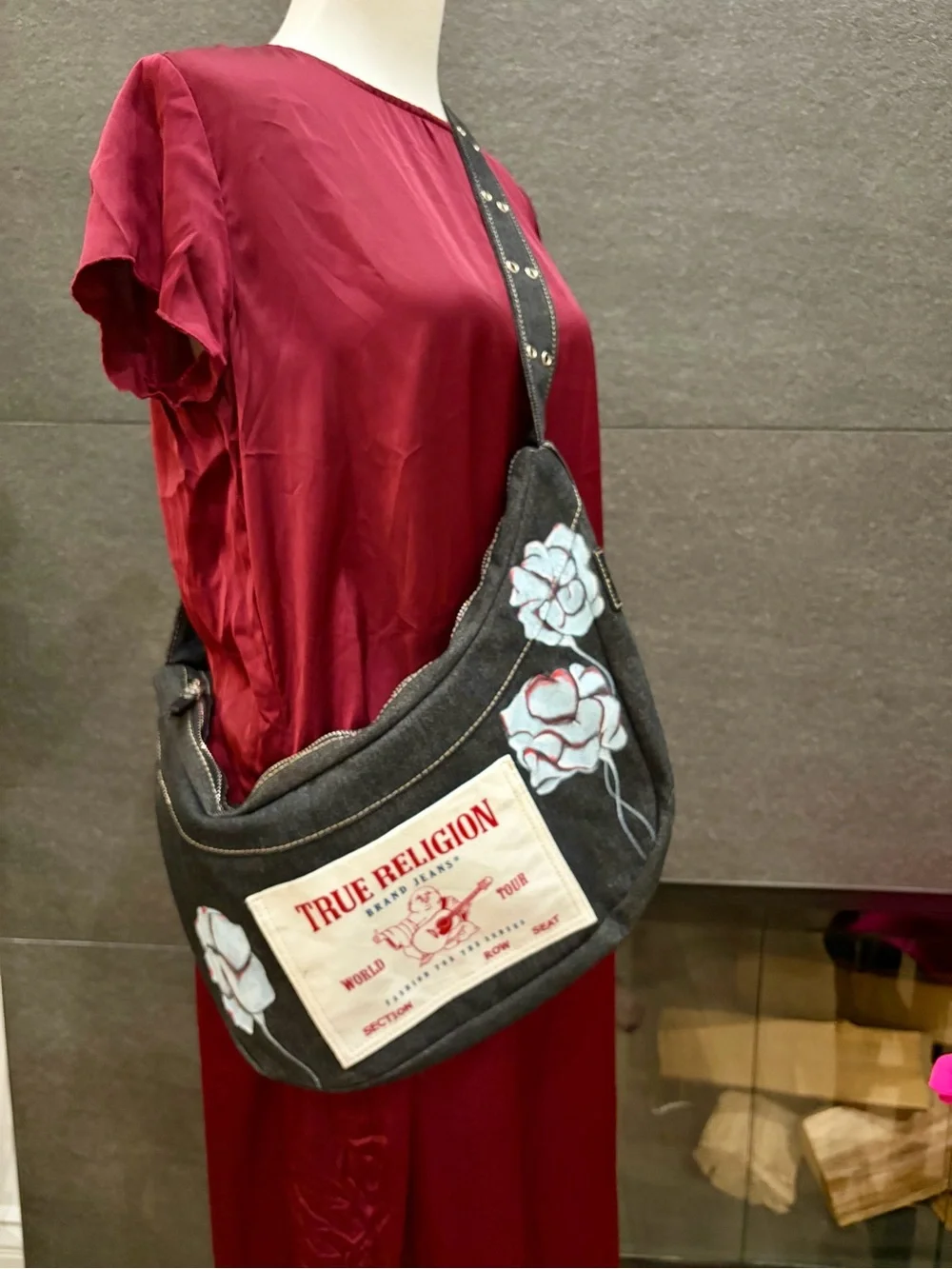 Hand Painted Black Denim True Religion Hobo Bag